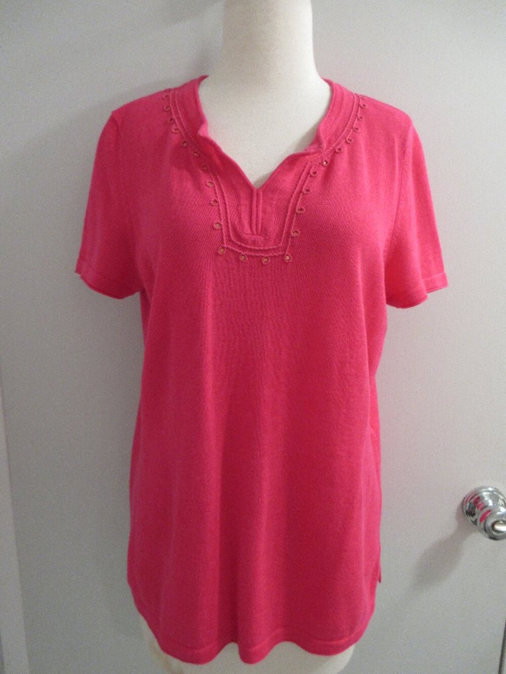Chico's Hot Pink Linen & Cotton Knit Short Sleeve Top Tunic with Sequins Size 1